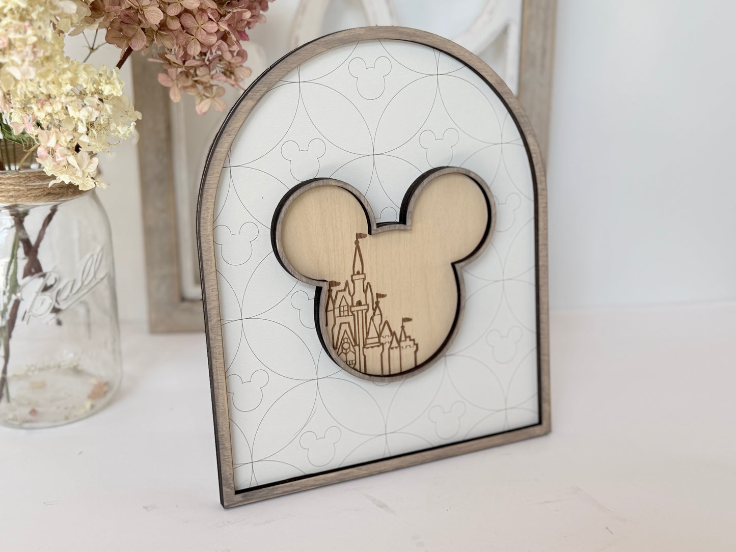 Arch Wood Sign with Castle Silhouette – Layered Neutral Shelf Sitter