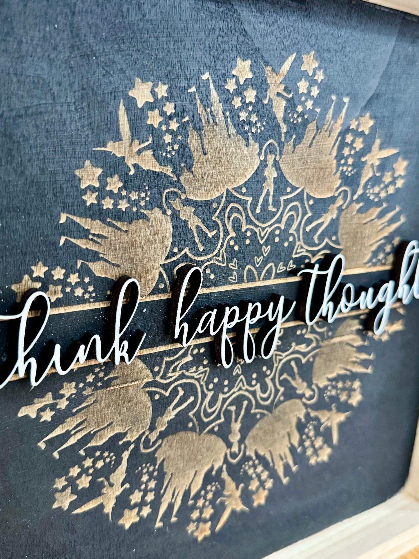 Peter Pan-Inspired Mandala Wooden Sign – "Think Happy Thoughts"