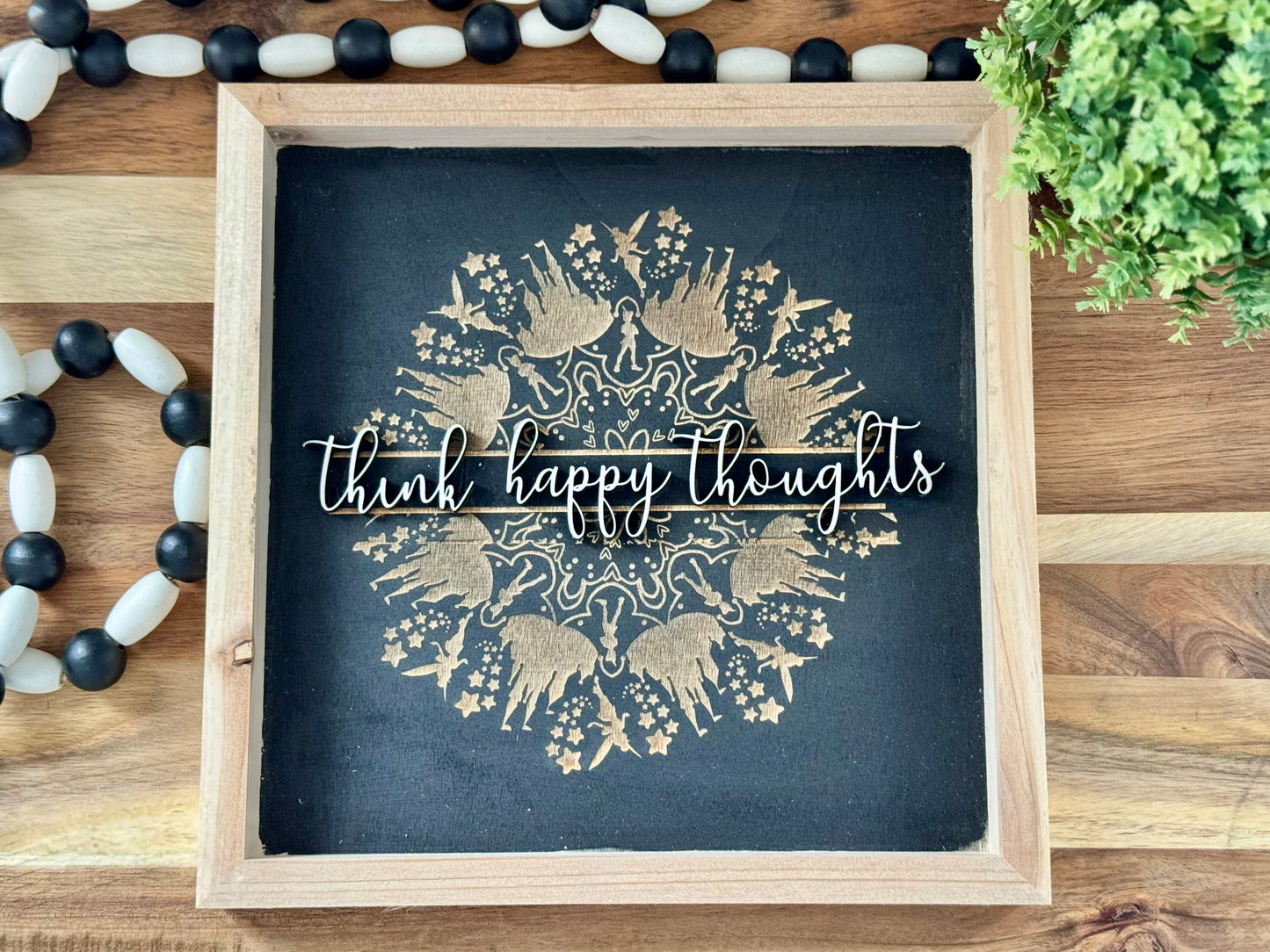 Peter Pan-Inspired Mandala Wooden Sign – "Think Happy Thoughts"