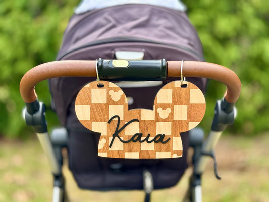Mouse Ears Personalized Disney-Inspired Stroller Tag – Custom Mickey Name Sign for Disney Trips - Checkered Boho Hidden Mickey