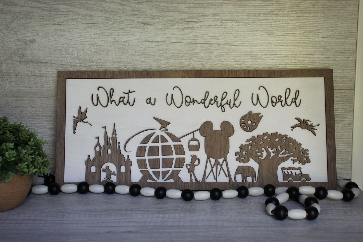 “What a Wonderful World" Disney Park Icons Skyline Wooden Inspired Home Decor