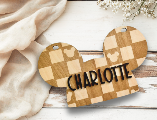 Mouse Ears Personalized Disney-Inspired Stroller Tag – Custom Mickey Name Sign for Disney Trips - Checkered Boho Hidden Mickey