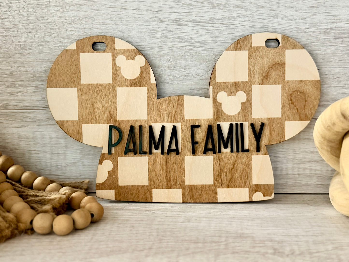 Mouse Ears Personalized Disney-Inspired Stroller Tag – Custom Mickey Name Sign for Disney Trips - Checkered Boho Hidden Mickey