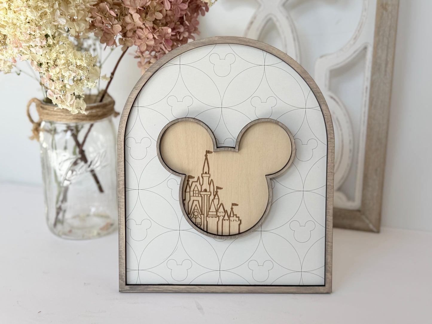 Arch Wood Sign with Castle Silhouette – Layered Neutral Shelf Sitter