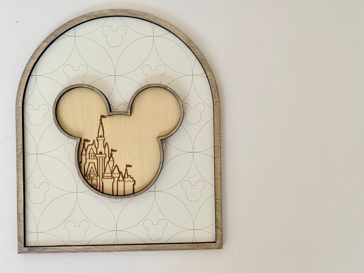 Arch Wood Sign with Castle Silhouette – Layered Neutral Shelf Sitter