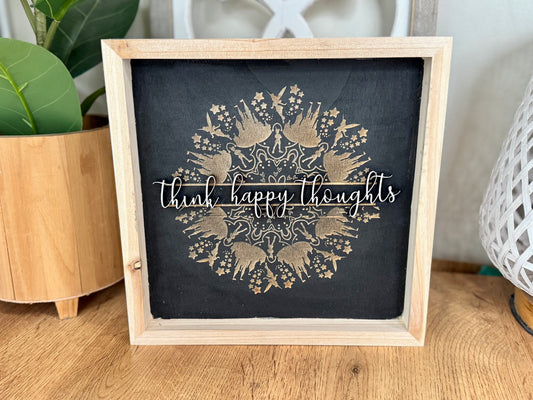 Peter Pan-Inspired Mandala Wooden Sign – "Think Happy Thoughts"