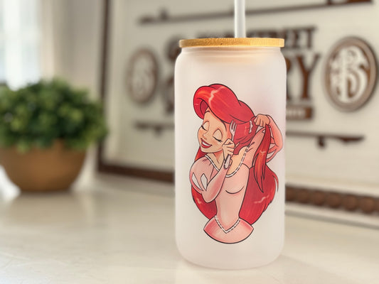 Ariel Mermaid Frosted Glass Tumbler with Bamboo Lid | Free Personalization