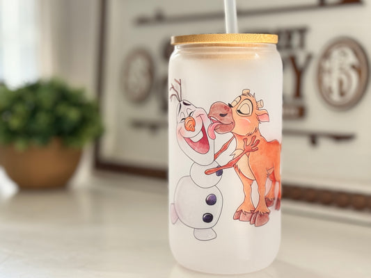 Olaf & Sven Frosted Glass Tumbler with Bamboo Lid | Free Personalization
