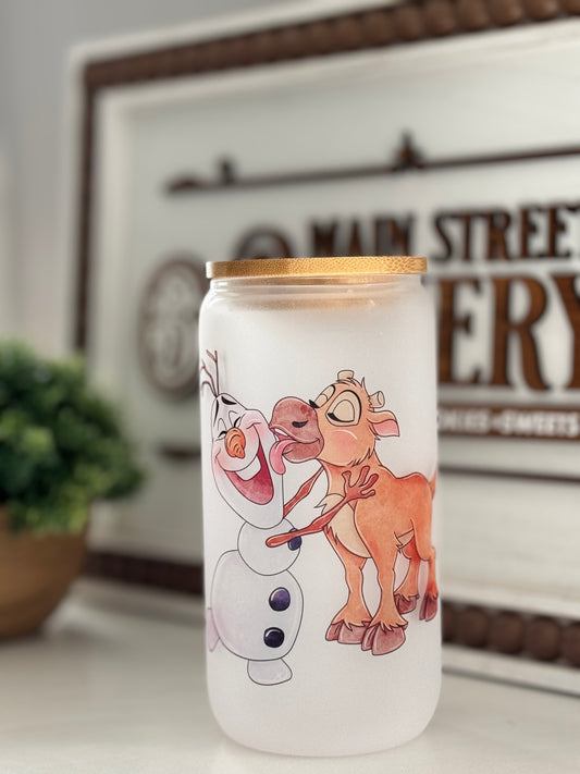 Olaf & Sven Frosted Glass Tumbler with Bamboo Lid | Free Personalization