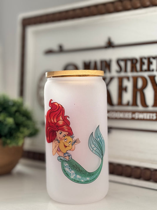 Ariel Mermaid Frosted Glass Tumbler with Bamboo Lid | Free Personalization