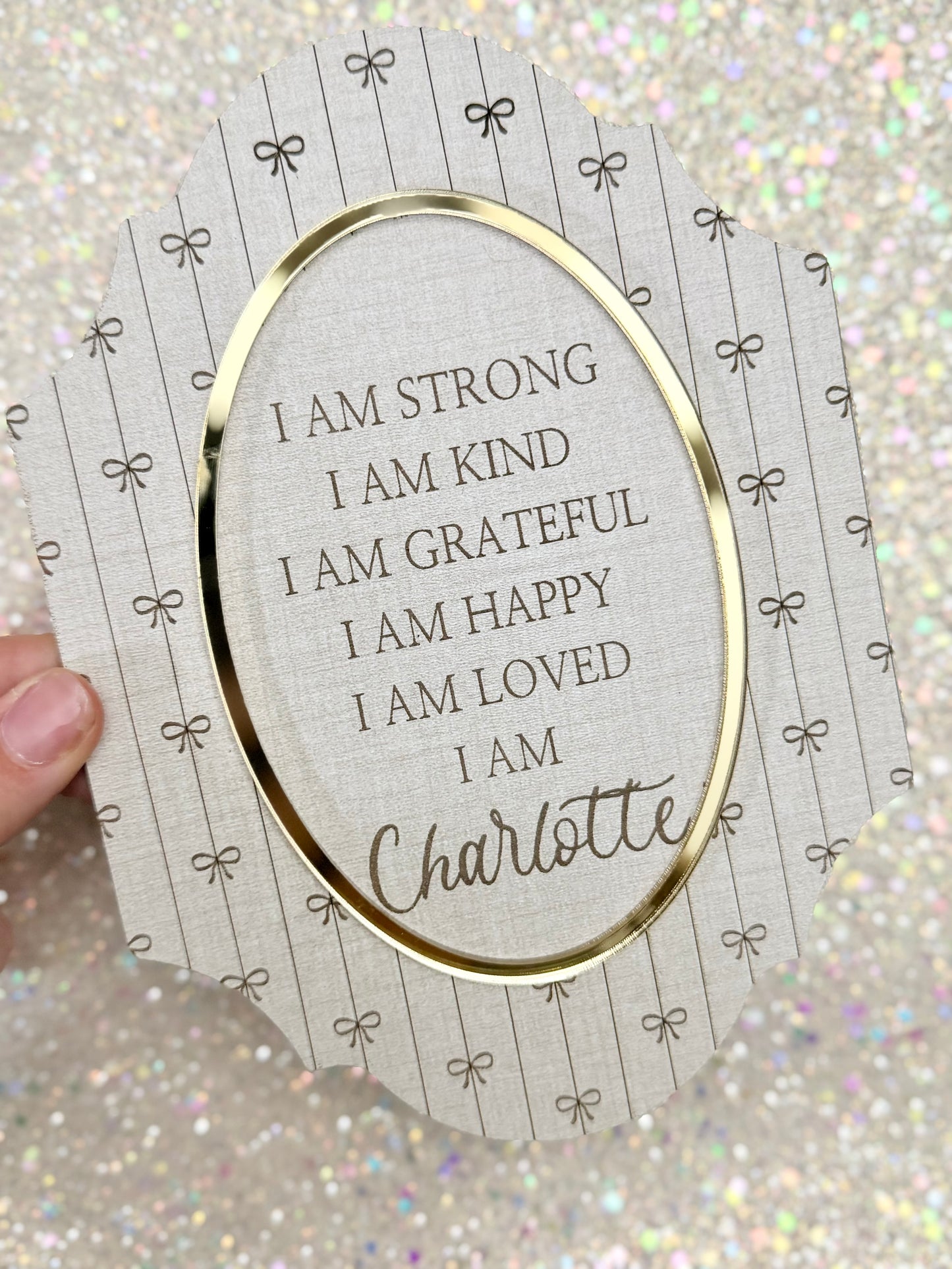 Personalized Coquette Bow Daily Devotion Plaque – Custom Affirmation Wall Decor with Gold Accent Frame – Perfect Gift for Women, Teens &amp; Girls