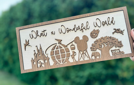 “What a Wonderful World" Disney Park Icons Skyline Wooden Inspired Home Decor